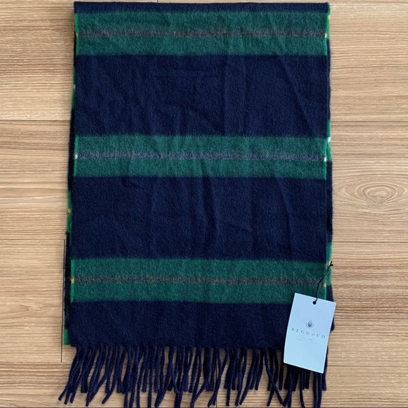 BEGG & CO Lambswool Angora Blend Navy and Green Striped Scarf FLAW - Picture 1 of 5